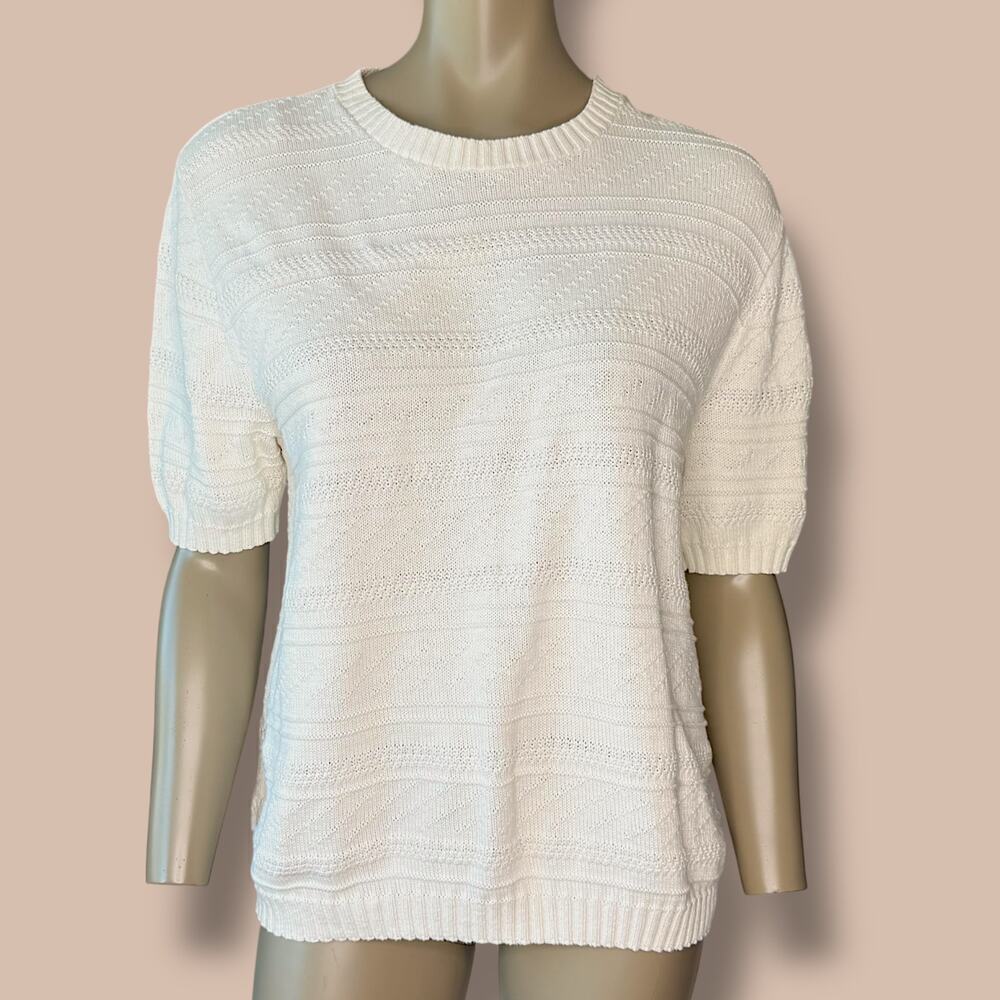 Classic Elements Vintage Short Sleeves Cotton Cable Knit Sweater Womens L White - Picture 1 of 12